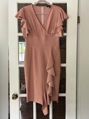 Knitee Women's L V-Neck Dusty Rose Ruffle Sleeve Cocktail Dress | SKU 0425
